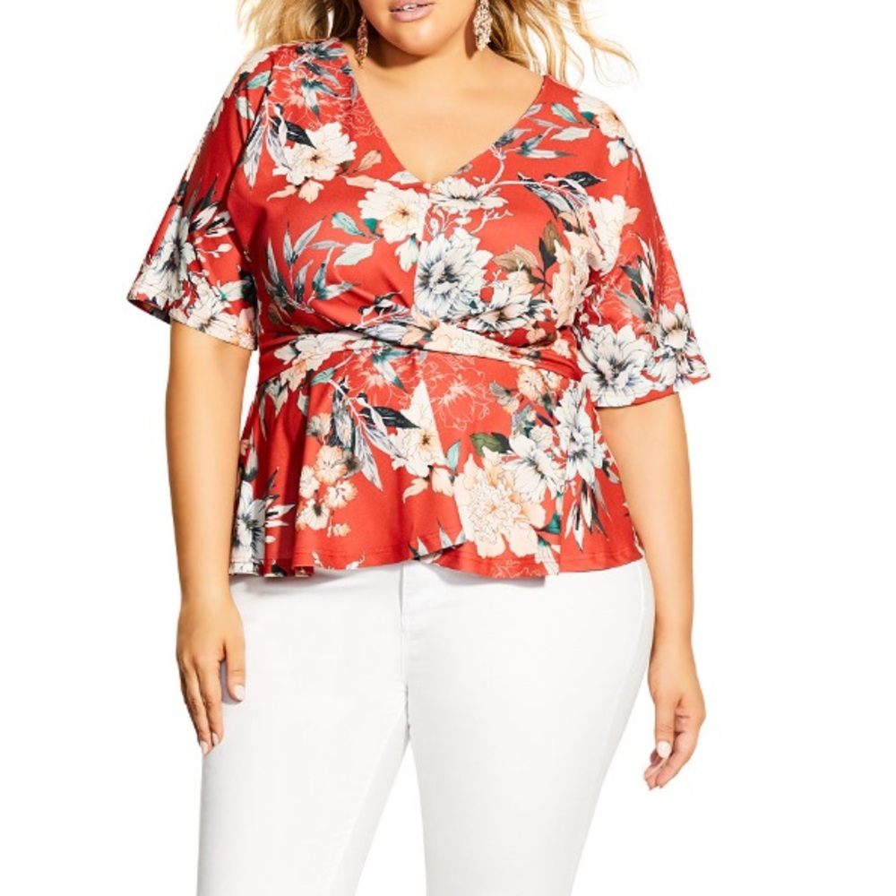 City Chic Plus Size Printed Twist-Front Top Sz:22